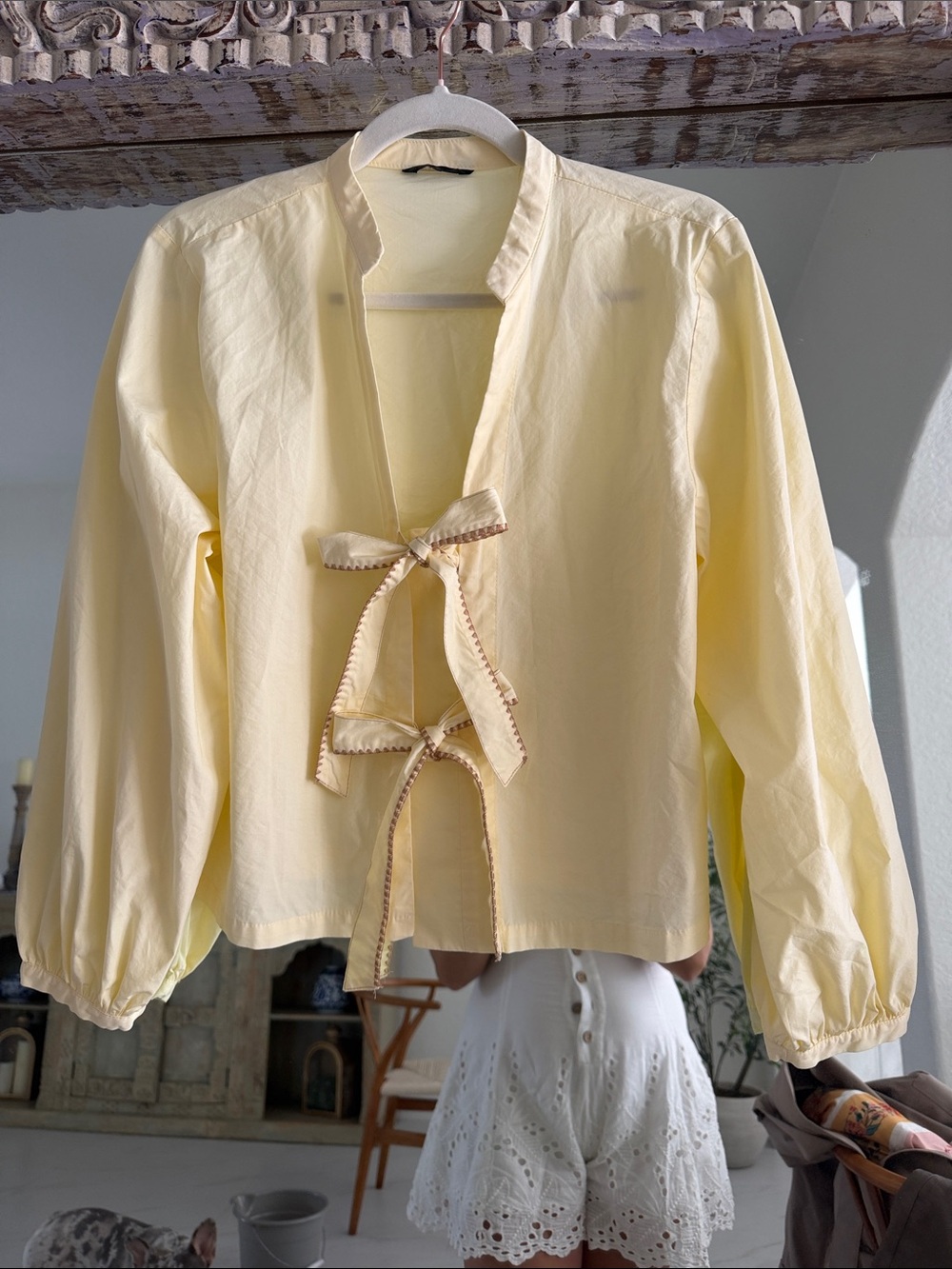 Zara Butter Yellow Tie-Front Puff Sleeve Blouse